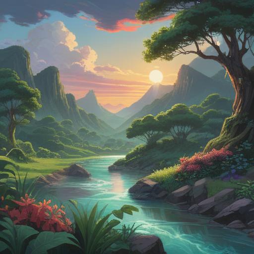 A serene, spiritual landscape, flowing river symbolizing the passage of time, ethereal light breaking through clouds, lush greenery, gentle breeze, reflective water surface, subtle signs of enlightenment, harmonious nature, peaceful atmosphere, 4k