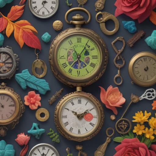 A serene illustration depicting a collection of lucky items symbolizing the passage of time, vibrant colors, mystical aura, a pocket watch with intricate designs, a four-leaf clover gently laid on ancient scrolls, a shimmering crystal orb reflecting soft light, an hourglass with flowing sand, surrounded by a tranquil nature setting, 4k