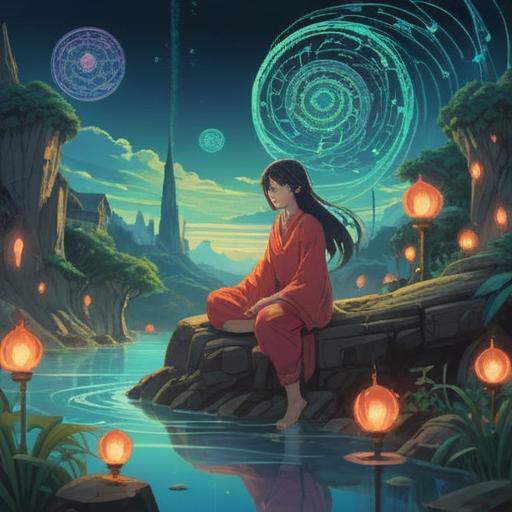 A serene and ethereal landscape, flowing time depicted with swirling clocks, soft light illuminating the scene, a figure meditating in the foreground, vibrant energy radiating from the surroundings, celestial elements intertwined, a sense of tranquility and reflection, dreamlike atmosphere, harmonious colors, 4k