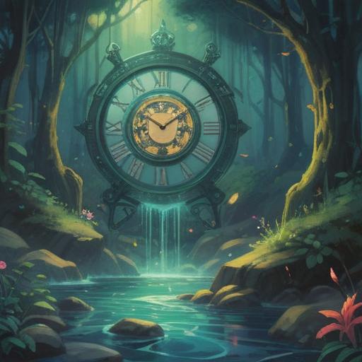 A serene illustration representing the swift passage of time, ethereal elements, a clock with blurred hands, gentle flowing streams symbolizing movement, a bright light suggesting spiritual guidance, vibrant nature in bloom, harmonious colors reflecting positivity, dreamlike atmosphere, 4k
