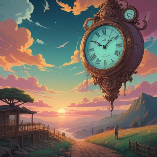 A serene landscape depicting the passage of time, a clock with swirling clouds, subtle shifts in natural light, spiritual symbols subtly integrated, a person pausing to reflect, ethereal atmosphere, harmonious colors, transcendent vibe, 4k