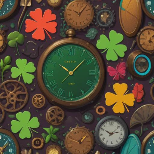 A whimsical depiction of lucky items representing the feeling of time passing quickly, colorful clocks entwined with vibrant four-leaf clovers, sparkling hourglasses filled with shimmering sand, floating balloons to symbolize joy and fleeting moments, surrounded by a dreamlike landscape that captures the essence of nostalgia and fortune, bright and cheerful colors, imaginative details, 4k