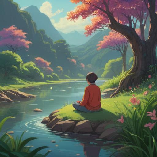 A serene landscape depicting a tranquil scene by a flowing river, person meditating on the riverbank, surrounded by lush greenery and blooming flowers, sunlight filtering through the trees, gentle ripples in the water symbolizing the passage of time, calming atmosphere reflecting inner peace, soft contrast and natural colors, 4k