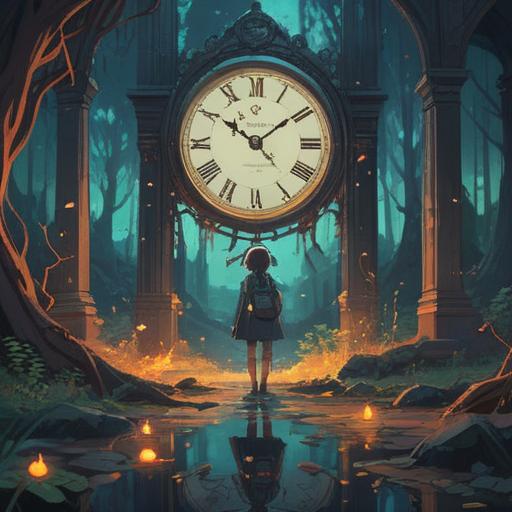 A serene and contemplative scene depicting the concept of being late as a spiritual experience, a clock melting into the ground, ethereal light surrounding it, a figure sitting cross-legged nearby with a meditative expression, symbols of time floating in the air, soft pastel colors, dreamlike atmosphere, 4k