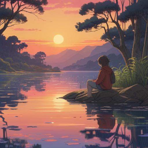 A serene and reflective scene depicting a person sitting quietly on a lakeshore at dusk, surrounded by gentle ripples in the water, soft glowing lights appearing in the air, symbolizing spiritual signs, a calm and peaceful expression on their face, with the silhouette of mountains in the background, ethereal mist hovering, warm and inviting colors, conveying a sense of tranquility and divine guidance, 4k