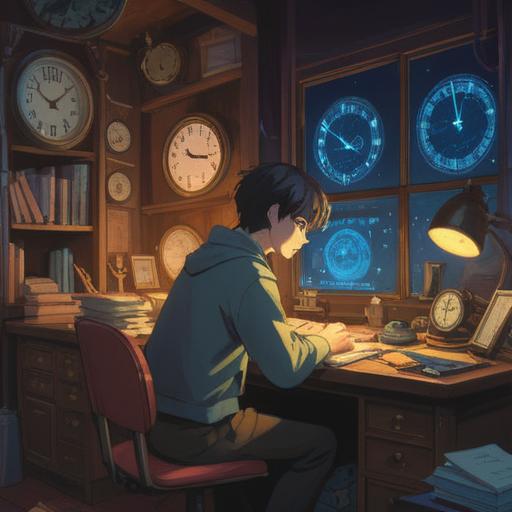 A serene and introspective scene, a person sitting at a desk surrounded by clocks showing different times, soft ethereal light illuminating the space, symbols of intuition like feathers and crystals scattered around, a subtle aura representing spiritual awareness, reflective mood, cosmic elements in the background, 4k