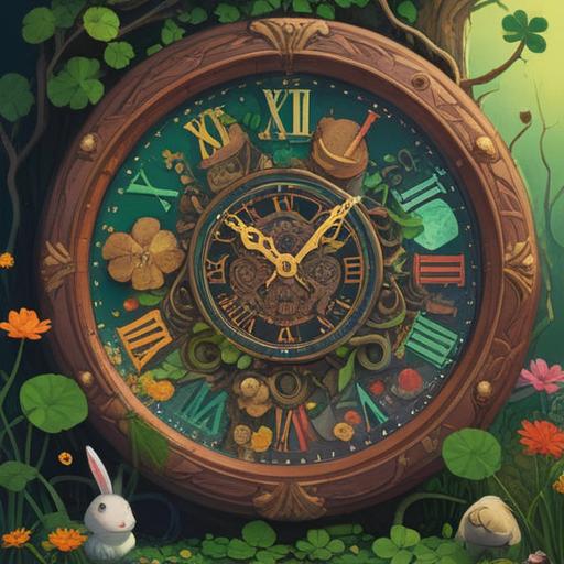 A whimsical illustration of a colorful clock surrounded by various lucky items, such as a four-leaf clover, a rabbit's foot, and a horseshoe, set in a playful landscape, vibrant colors, cheerful atmosphere, surreal elements, imaginative design, 4k