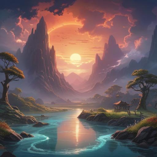 A serene and ethereal landscape, flowing rivers representing the passage of time, wisps of mist symbolizing spirituality, glowing hourglass entwined with vines, soft light illuminating the scene, tranquil atmosphere, deep connection with nature, contemplative figures meditating, 4k