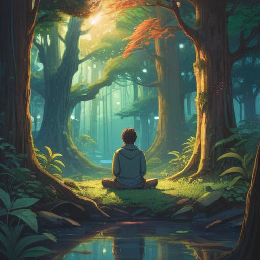 A serene and contemplative scene depicting the passage of time, ethereal light filtering through trees, a person sitting in meditation surrounded by nature, hourglass gently glowing, symbols of spiritual growth and positivity in the air, calm and peaceful atmosphere, rich colors, intricate details, 4k