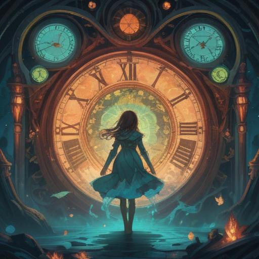 A mystical illustration depicting spiritual signs that appear when time feels elongated, ethereal light, floating clocks, symbolic imagery, soft wisps of energy, serene landscape, a cosmic aura, faint celestial elements, tranquil color palette, 4k