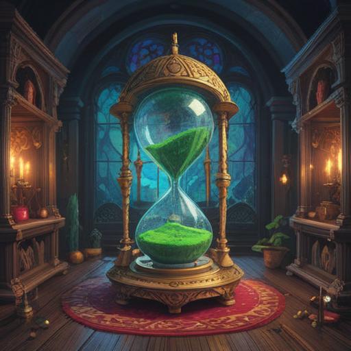 A serene and calming scene of a lucky charm designed for times when minutes feel like hours, featuring a beautifully crafted hourglass symbolizing the passage of time, intricate patterns and vibrant colors on the charm, surrounded by soft, golden light, gentle breeze causing petals to float around, peaceful ambiance, focus on the charm’s intricate details, 4k