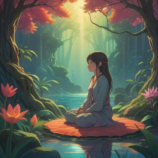 A serene illustration depicting the spiritual meaning of chronic illness, ethereal elements, patient meditating in a tranquil setting, soft light filtering through trees, symbolic representations of healing, harmony between body and spirit, peaceful atmosphere, reflective mood, 4k