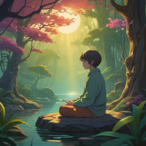 A serene and introspective scene, a person meditating peacefully, surrounded by soft light, symbolic representations of health and healing, vibrant aura emanating from their body, elements of nature like gentle flowing water and blooming flowers, ethereal atmosphere, conveying positivity and spiritual growth, 4k