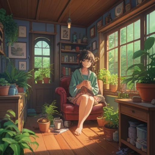 A serene indoor scene depicting a person sitting comfortably in a cozy room, surrounded by an assortment of herbal tea ingredients, sunlight streaming through the window, a calming atmosphere, reflecting on the healing properties of herbal remedies, soft textures in the environment, warm earth tones, a journal open on the table with handwritten notes about health, peaceful expression, 4k