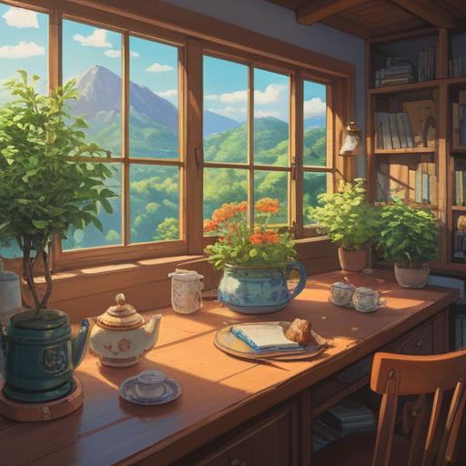 A serene afternoon scene, a cozy herbal tea setup, soothing herbal blends visible, warm sunlight streaming through the window, a peaceful environment for reflection, an open journal and pen nearby, a person in comfortable clothing observing the tea, gentle steam rising from the cup, calming colors, inviting atmosphere, mindfulness and healing themes, 4k