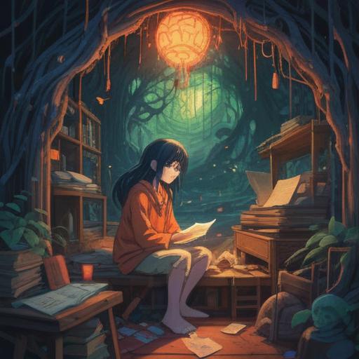 A mystical scene depicting the spiritual meaning of messy handwriting, ethereal glow surrounding chaotic letters, a serene figure contemplating the significance of clarity and communication, swirling colors representing thoughts and emotions, harmonious blend of chaos and peace, enchanting atmosphere, dreamlike quality, tranquil expression, 4k