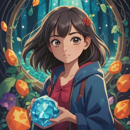 A whimsical illustration of a magical gem, surrounded by sparkling light, emanating a sense of luck and positivity, a character joyfully using the gem to transform messy handwriting into beautiful calligraphy, vibrant colors, enchanting atmosphere, detailed background with floating letters and a serene setting, 4k