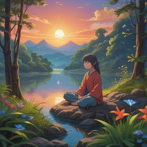 A serene and mystical landscape, vibrant colors radiating harmony, a figure meditating in nature, surrounded by glowing light, symbols of spiritual awakening, gentle aura, lush greenery, ethereal atmosphere, soft light filtering through trees, 4k