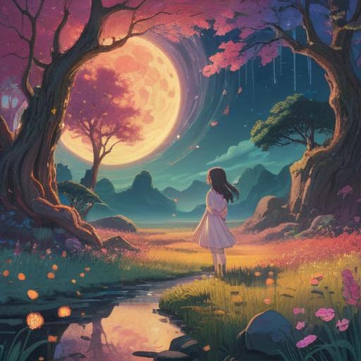 A mystical and enlightening scene, vibrant colors representing different emotions, a dreamy landscape with swirling lights and patterns, ethereal figures embodying spiritual signs, harmonious balance between nature and the cosmos, soft glows and radiant hues, symbolic interpretations of colors, serene atmosphere, 4k