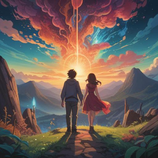 A spiritual illustration depicting two people resembling each other, surrounded by a radiant aura, symbolism of connection and destiny, ethereal landscape with celestial elements, harmonious colors, emphasizing the idea of synchronicity, inspiring and uplifting mood, 4k