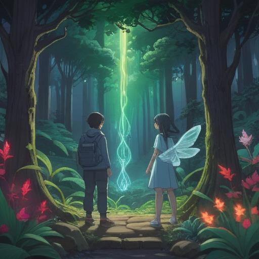 A serene and mystical scene depicting two individuals who look strikingly similar, surrounded by ethereal light, symbolic of spiritual connection, a lush forest in the background representing growth and harmony, soft glowing orbs floating in the air, vibrant colors, conveying a sense of enlightenment and positivity, 4k