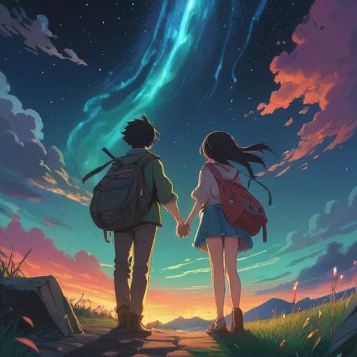 A fateful encounter leading to transformative actions, two characters meeting under a starlit sky, emotions of hope and destiny in their expressions, an intertwined path illuminated by celestial lights, symbolizing choices and consequences, vibrant colors, ethereal atmosphere, intricate details in their surroundings, captivating storytelling, 4k