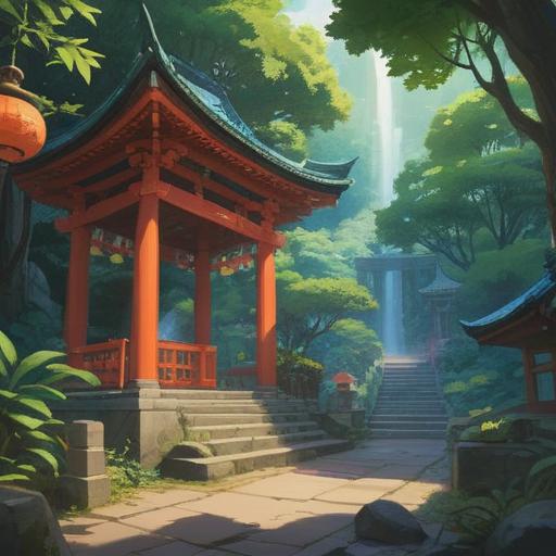 A serene illustration of the Jirin Hachiman Shrine, lush greenery surrounding the sacred site, spiritual symbols depicted, peaceful atmosphere, people engaging in ritual offerings, traditional Japanese architecture, harmonious connection with nature, vibrant autumn leaves, ethereal light emanating from the shrine, 4k