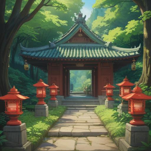 A serene and mystical depiction of the Jinjitsu Hachiman Shrine, surrounded by lush greenery, soft sunlight filtering through the trees, symbols of good fortune and spirituality, people engaging in prayer and reflection, traditional Shinto architecture, tranquil atmosphere, vibrant colors, inviting pathways, 4k