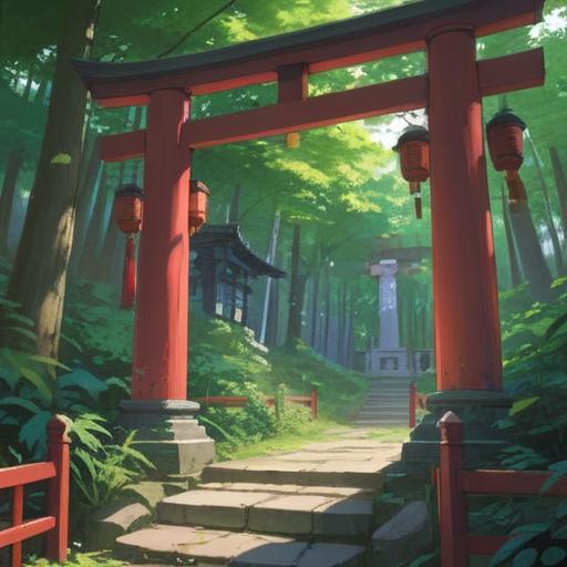 A serene and mystical scene at the Okunitama Shrine, lush greenery surrounding the entrance, gentle sunlight filtering through leaves, tranquil atmosphere, visitors pausing to notice subtle spiritual signs, flickering lights and gentle breezes, stone pathways leading to sacred spaces, deep connection to nature and spirituality, vibrant colors, harmonious composition, 4k