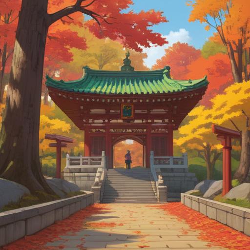 A serene visit to Kunitama Hachimangu Shrine, a traditional Japanese shrine setting, visitors holding lucky charms, vibrant autumn leaves, peaceful atmosphere, soft sunlight filtering through trees, detailed architecture of the shrine, cultural significance, engaging expressions, harmonious scenery, 4k