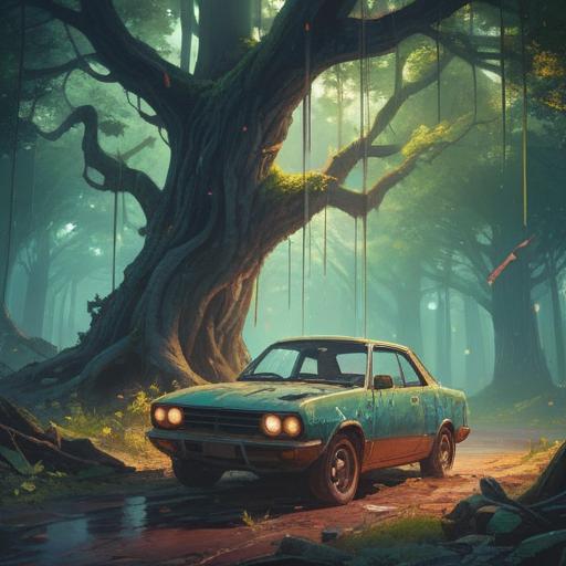A surreal and introspective scene depicting a damaged car, surrounded by ethereal light, symbolic trees representing growth and loss, wisps of fog suggesting mystery, reflections of past journeys, hauntingly beautiful atmosphere, emphasizing transformation and resurrection, 4k