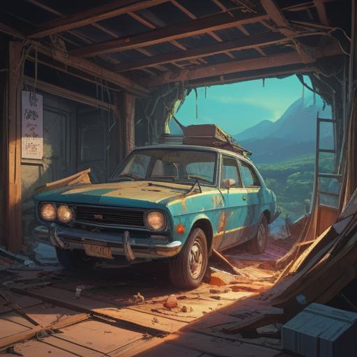 A mystical scene featuring a damaged car surrounded by ethereal light, vibrant colors illuminating the wreckage, nature reclaiming the vehicle, symbols of hope and transformation, a serene atmosphere with a hint of spirituality, detailed backgrounds with lush greenery, uplifting energy, 4k