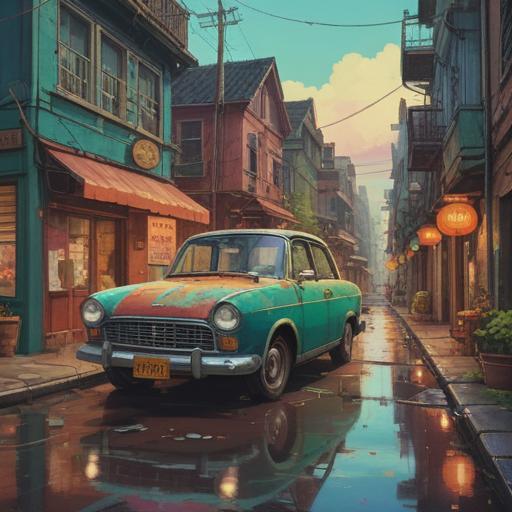 A serene street scene featuring a damaged car in the foreground, a whimsical lucky charm floating nearby, vibrant colors, contrasting emotions of misfortune and hope, detailed urban background, soft lighting, picturesque atmosphere, subtle symbolism of luck, 4k