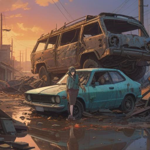 A serene and contemplative scene, a person standing beside a wrecked car, reflections of the accident in their eyes, calm expression despite the chaos, soft light filtering through trees, contrasting the destruction, subtle hints of hope, nature reclaiming the space, gentle breeze, emotional depth, 4k