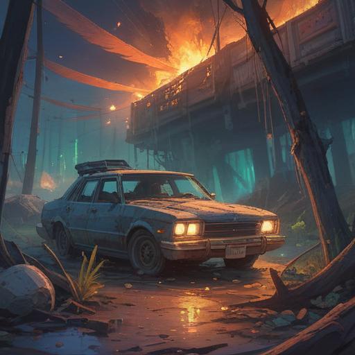 A surreal scene depicting a car accident site, ethereal light illuminating the surroundings, ghostly figures representing spiritual signs, symbolic objects like feathers and coins scattered on the ground, a sense of caution in the air, nature reclaiming the area with overgrown plants, vivid colors contrasting the grim reality, 4k