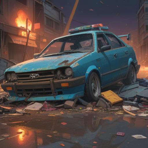 A dramatic scene depicting a car accident aftermath, scattered debris on the road, a damaged vehicle with visible impact marks, emergency services arriving, shocked onlookers in the background, a clear view of a lucky number prominently featured, contrasting emotions of chaos and hope, high tension atmosphere, detailed expressions, realistic setting, 4k