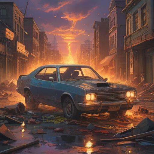 A mystical scene depicting a car accident scenario, an ethereal light illuminating the surroundings, subtle spiritual symbols in the air, a calm figure reflecting on the event, a sense of awareness and mindfulness, nature elements around, a peaceful yet alert atmosphere, deep colors blending, 4k