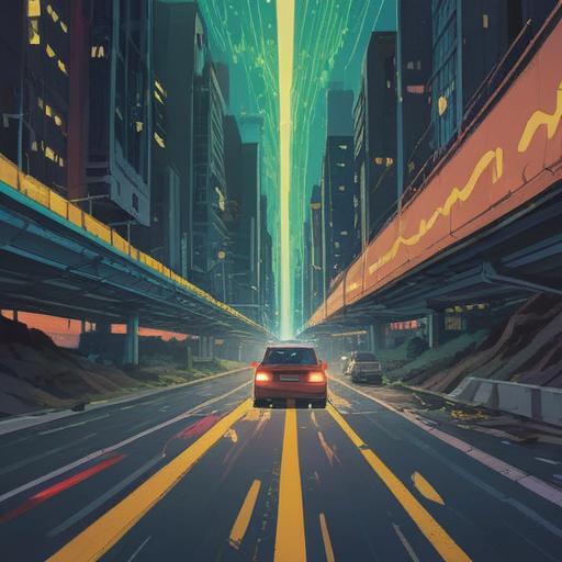 A captivating illustration of a highway accident scene, ethereal lights representing spiritual signs, a feeling of caution in the atmosphere, mystical symbols in the sky, a ghostly figure observing the scene, vivid colors contrasting with somber tones, a sense of urgency and awareness, 4k