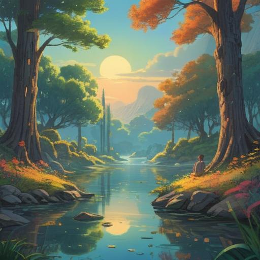 A serene landscape depicting emotional healing, gentle sunlight filtering through trees, a tranquil river reflecting clear blue skies, people engaging in meditation, lush greenery symbolizing growth, soft textures of nature, peaceful atmosphere, vibrant flowers representing hope, 4k