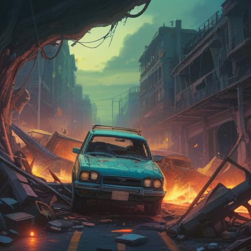 A mystical scene illustrating a car accident, vivid warning signs glowing, ethereal light surrounding the wreckage, symbolic representations of spiritual messages, a serene yet eerie atmosphere, elements of nature intertwined with the accident scene, deeply detailed background, 4k quality