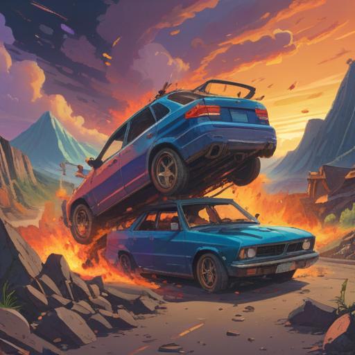 A surreal illustration depicting a car accident scene transitioning into a vibrant landscape of good fortune, featuring a broken car surrounded by mystical elements like lucky charms and four-leaf clovers, bright colors and glowing light, symbolizing a shift from misfortune to abundance, dynamic composition, 4k