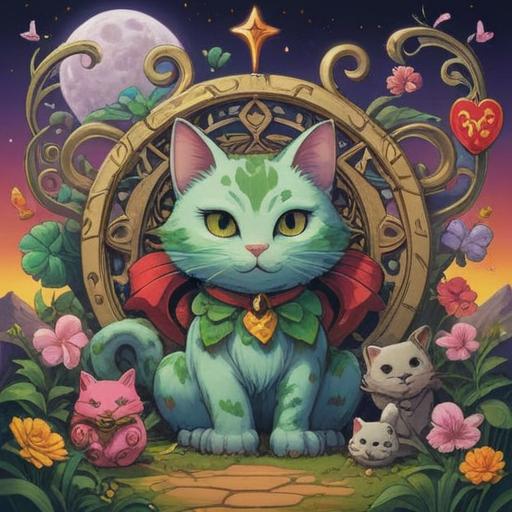 A bright and colorful illustration of a lucky charm, featuring a four-leaf clover, a horseshoe, and a lucky cat, surrounded by positive symbols like sun rays and rainbow colors, conveying protection and good fortune, a joyful and uplifting atmosphere, detailed design elements, charm elements beautifully arranged, 4k