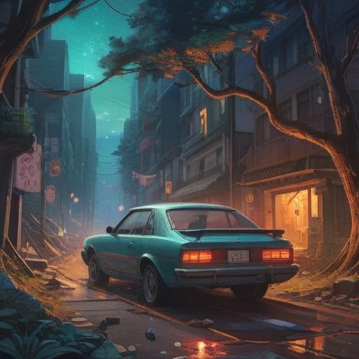 A mystical interpretation of a car accident, ethereal glow surrounding the scene, symbolic depiction of transformation and awakening, a spirit guide watching over, surreal elements blending with reality, emotional expressions of the individuals involved, nature reclaiming the road, vivid colors representing chaos and serenity, dreamlike atmosphere, 4k