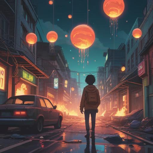 A mystical and contemplative scene, featuring a person standing near a car accident site, surrounded by ethereal light orbs, subtle signs like feathers and coins on the ground, a calm aura amidst chaos, symbolic representations of guidance and protection, nature elements gently interacting with the environment, vibrant yet soothing colors, 4k