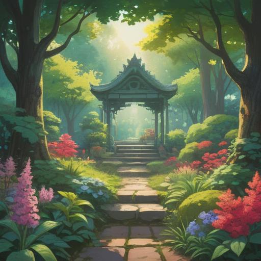 A serene illustration depicting a peaceful scene in a tranquil garden, soft sunlight filtering through the leaves, colorful flowers gently swaying, a person meditating on a bench, surrounded by nature, symbolizing healing and inner peace, calming atmosphere, harmonious colors, 4k