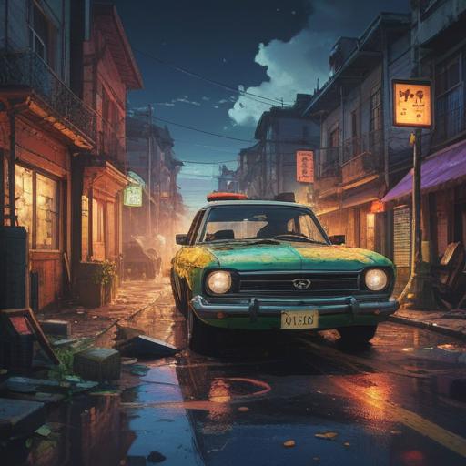 A car encountering an accident, symbolic representation of change and transformation, ethereal light surrounding the vehicle, a sense of awakening and introspection, surreal atmosphere, vibrant colors, contrast between chaos and serenity, emotive elements, 4k