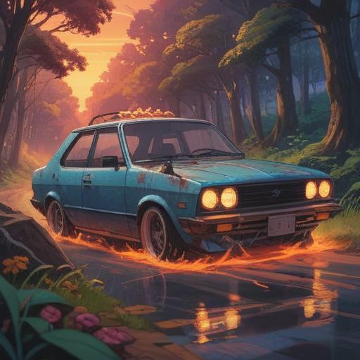 A car symbolizing spiritual good signs after an accident, glowing aura surrounding the vehicle, serene expression on the driver's face, nature in the background, bright sunlight filtering through trees, colorful flowers sprouting around the car, sense of peace and recovery, uplifting atmosphere, vibrant colors, 4k