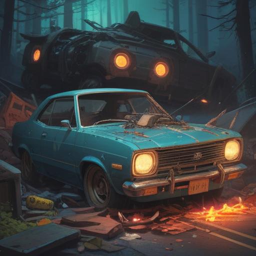 A spiritually charged illustration highlighting a car accident warning sign, a glowing symbol above a crashed vehicle, ethereal light illuminating the scene, dark clouds gathering in the background, a sense of urgency and caution, detailed wreckage, surrounded by nature, mystical aura, conveying a deep message about the dangers of reckless driving, 4k