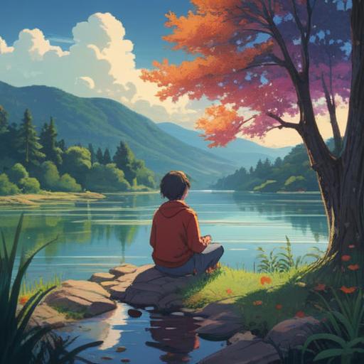 A serene scene depicting a person sitting by a tranquil lakeside, surrounded by nature, soothing colors, calm water reflecting the sky, gentle sunlight filtering through the trees, a sense of renewal and hope, soft breeze rustling the grass, subtle hints of flowers blooming, conveying healing and new beginnings, 4k