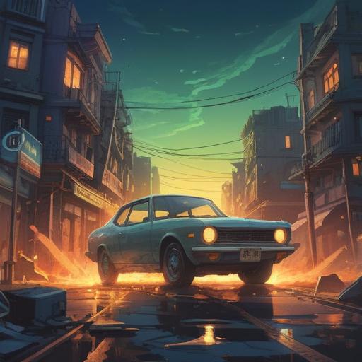 A serene scene depicting a car on the verge of a near-miss accident, surrounded by ethereal light and symbols of protection, vivid colors, gentle aura, peaceful environment, signs of spiritual guidance, nature elements, calming atmosphere, impression of awareness and caution, 4k